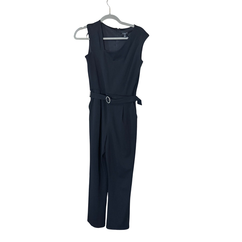 Alexa B Black Sleeveless Belted Jumpsuit Rhinestone Buckle Square Neck Size 6